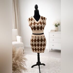 SHEIN Tan and Brown Argyle Skirt Set